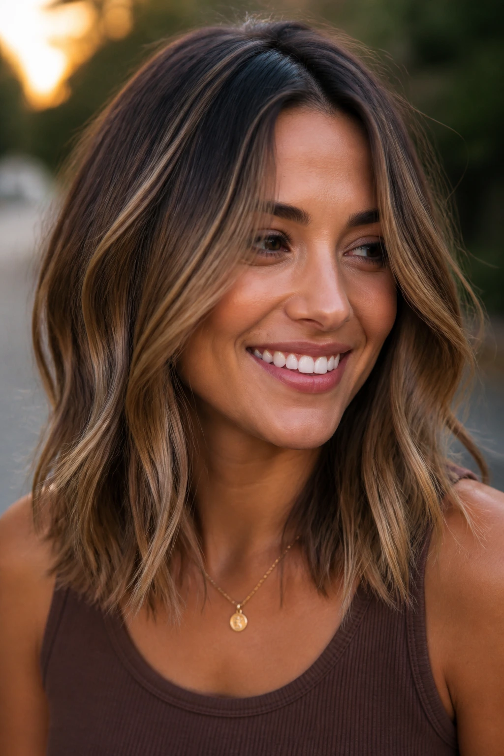 Close-up of real person with bronde chestnut hybrid hair catching golden-hour light