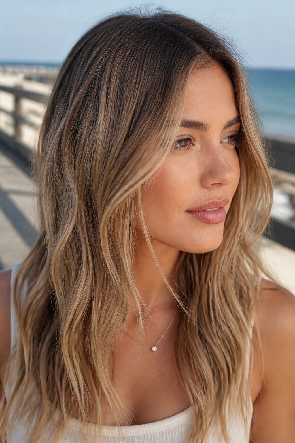 Close-up portrait of a real woman with bronde and cocoa shadow root
