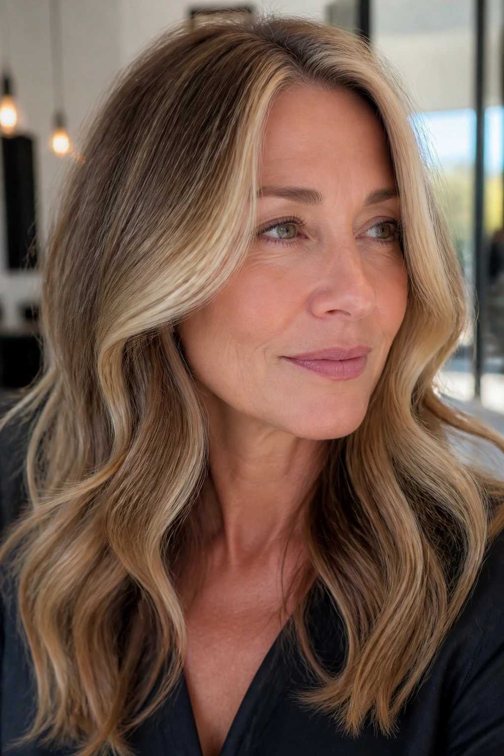 Close-up of a real woman with bronde hair and creamy face frame near cheek