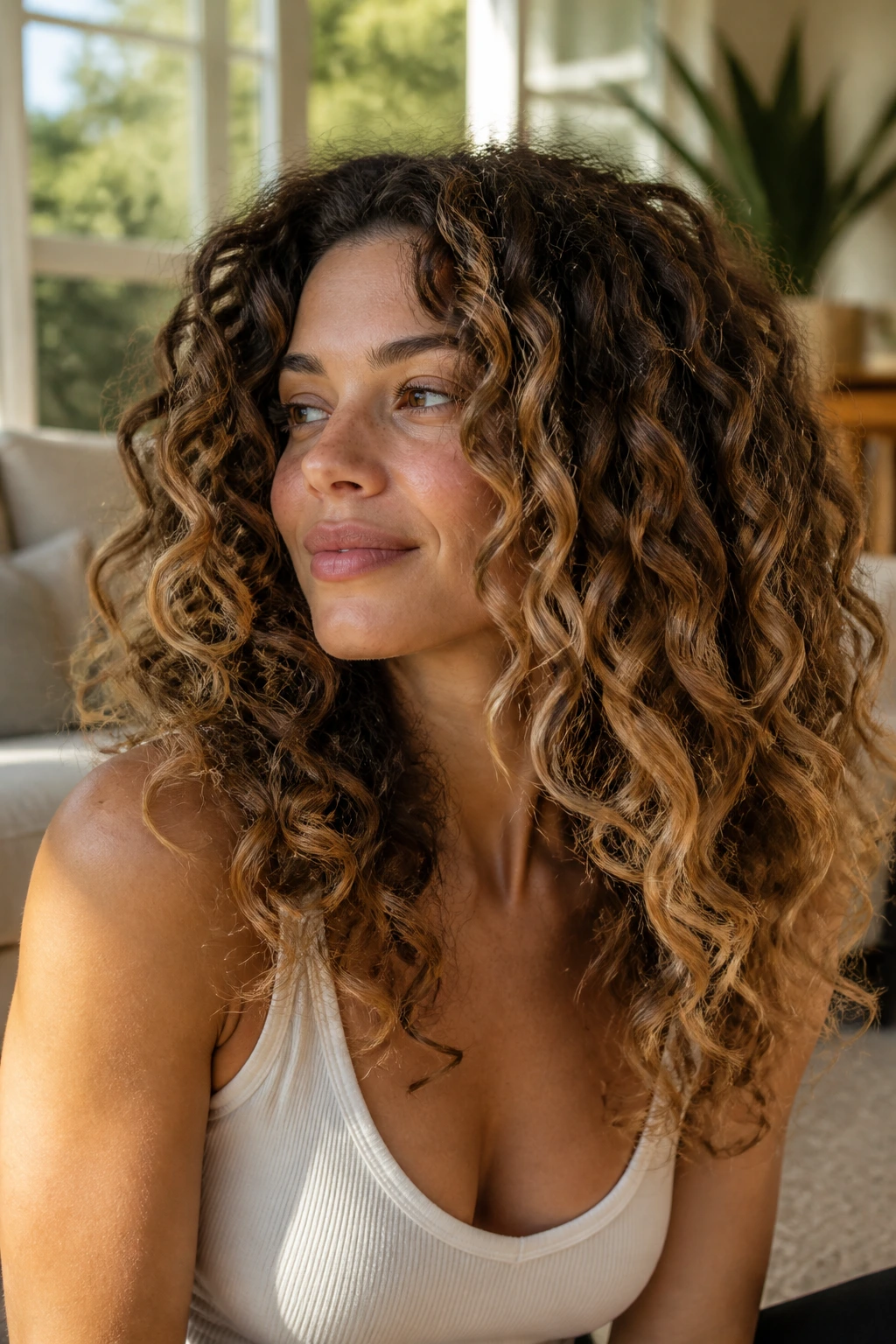 Real person with bronde crescendo curls showing root-to-end gradient and movement