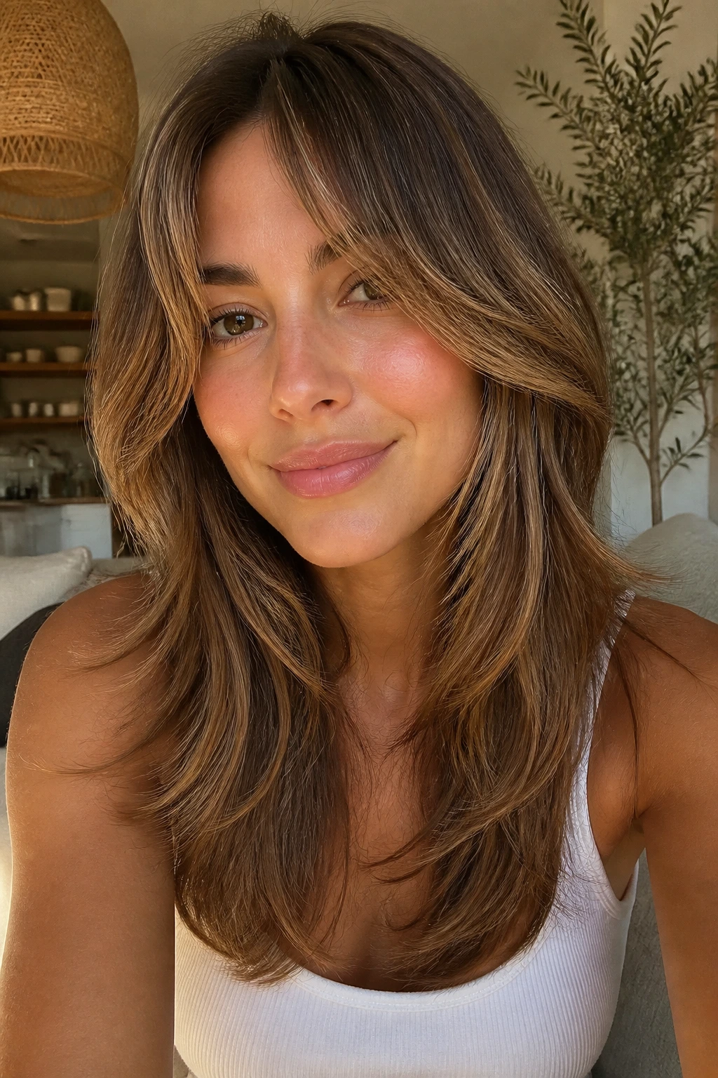 Close-up of bronde layered curtain cut with face-framing ribbons on a real person