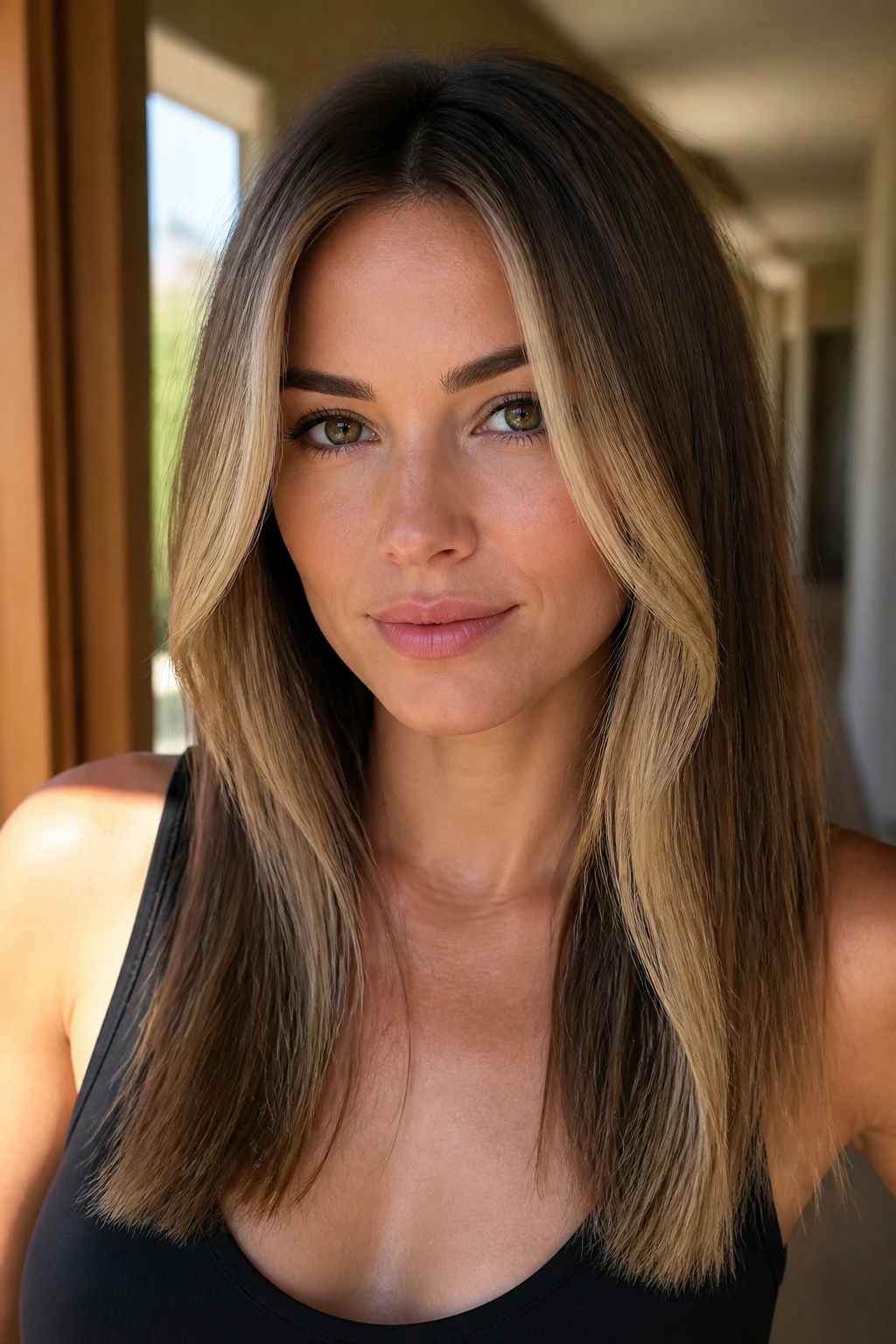 Close-up of straight hair with face-framing bronde sweep