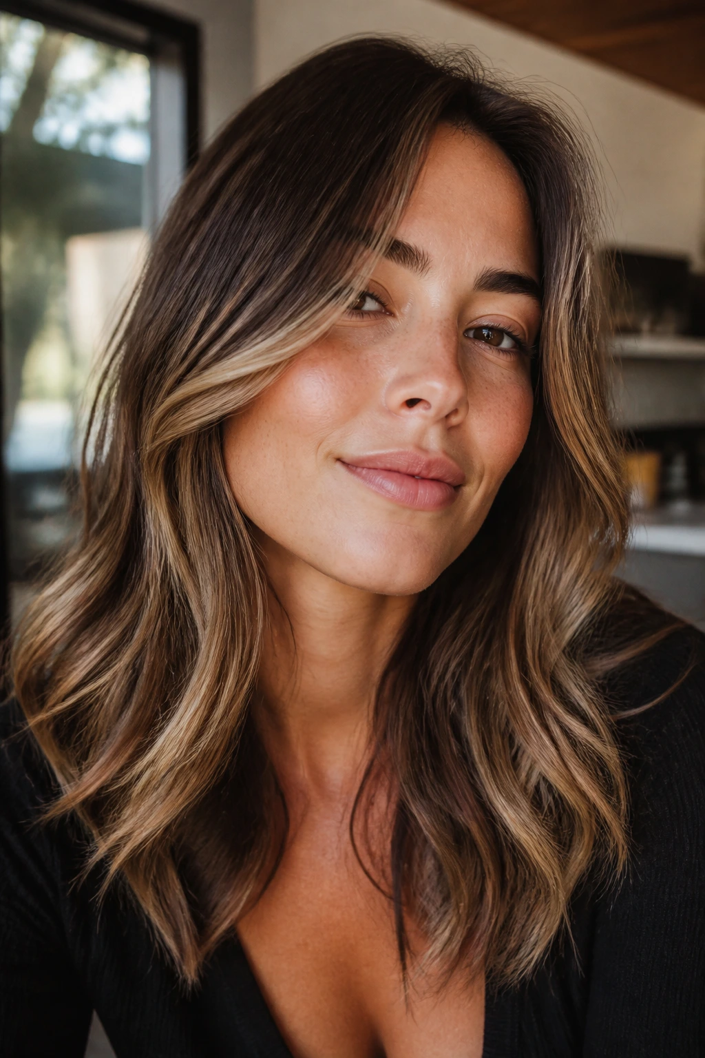 Close-up portrait of a real woman with bronde face-framing fade hair near a window