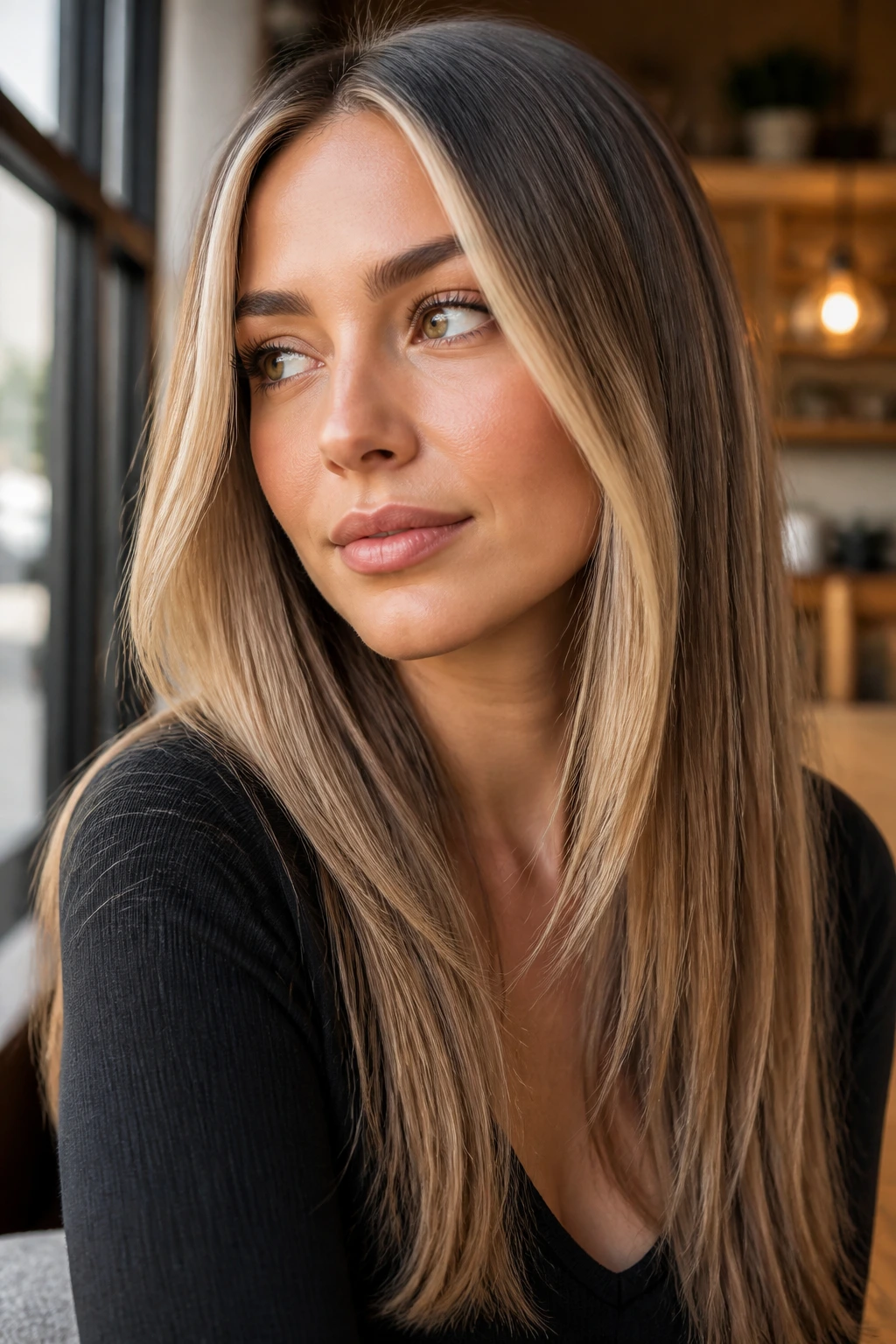 Real woman with bronde base and blonde face-framing pieces on straight hair