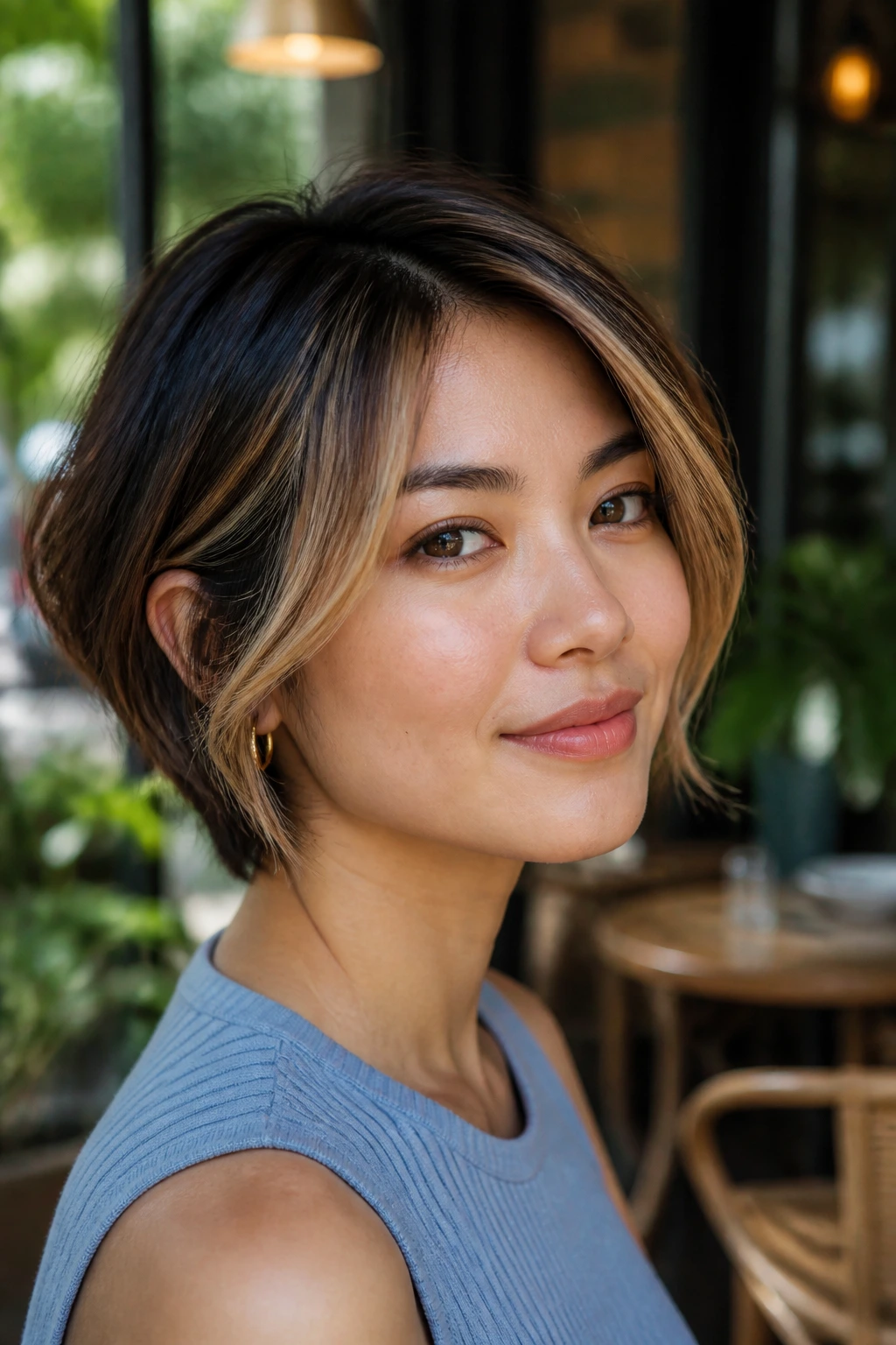 Close-up of a real woman with bronde face-framing pieces on a short haircut