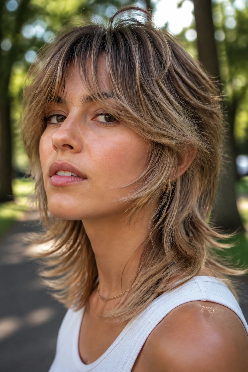 Close-up portrait of a real woman with bronde feathered mullet featuring airy face-framing layers in a sunlit park