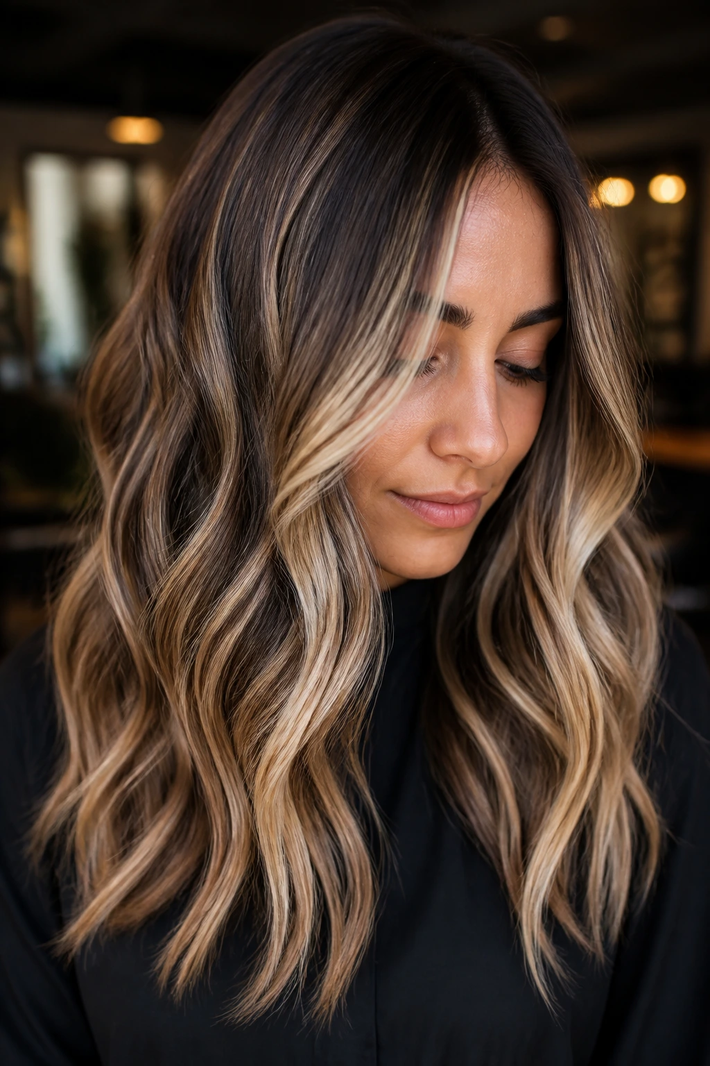 High-contrast bronde foilayage with dark root on brunette hair
