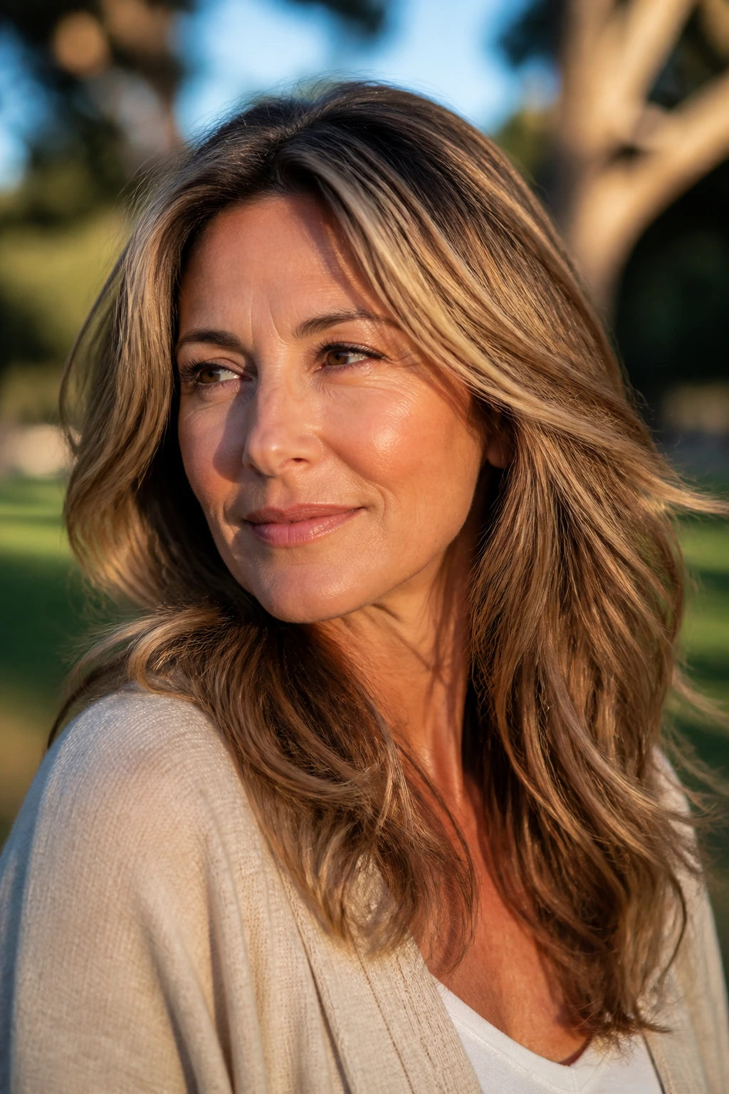 Close-up of a real woman with bronde glow and root shadow, showing dimensional hair.