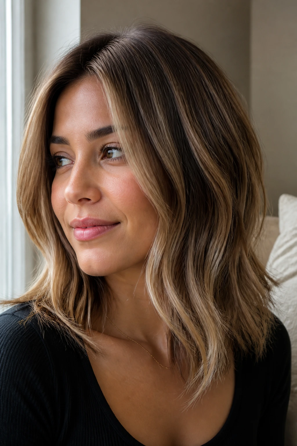 Close-up portrait of a real woman with bronde hair and fine baby lights, lit by natural window light.