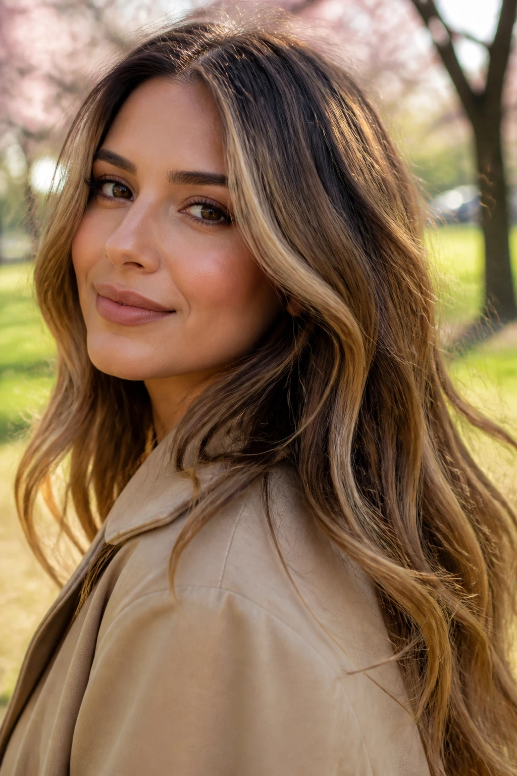 Close-up of brunette with beige honey highlights around the face in spring light