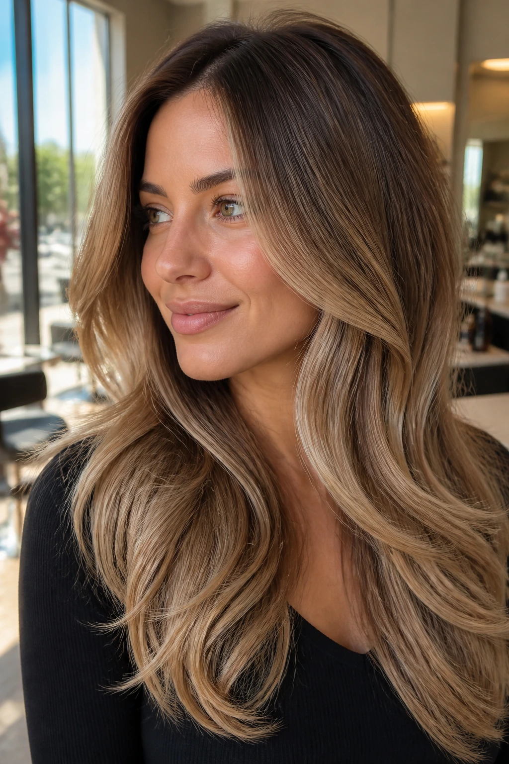 Close-up of a real woman with long layered hair in buttery bronde tones under warm window light