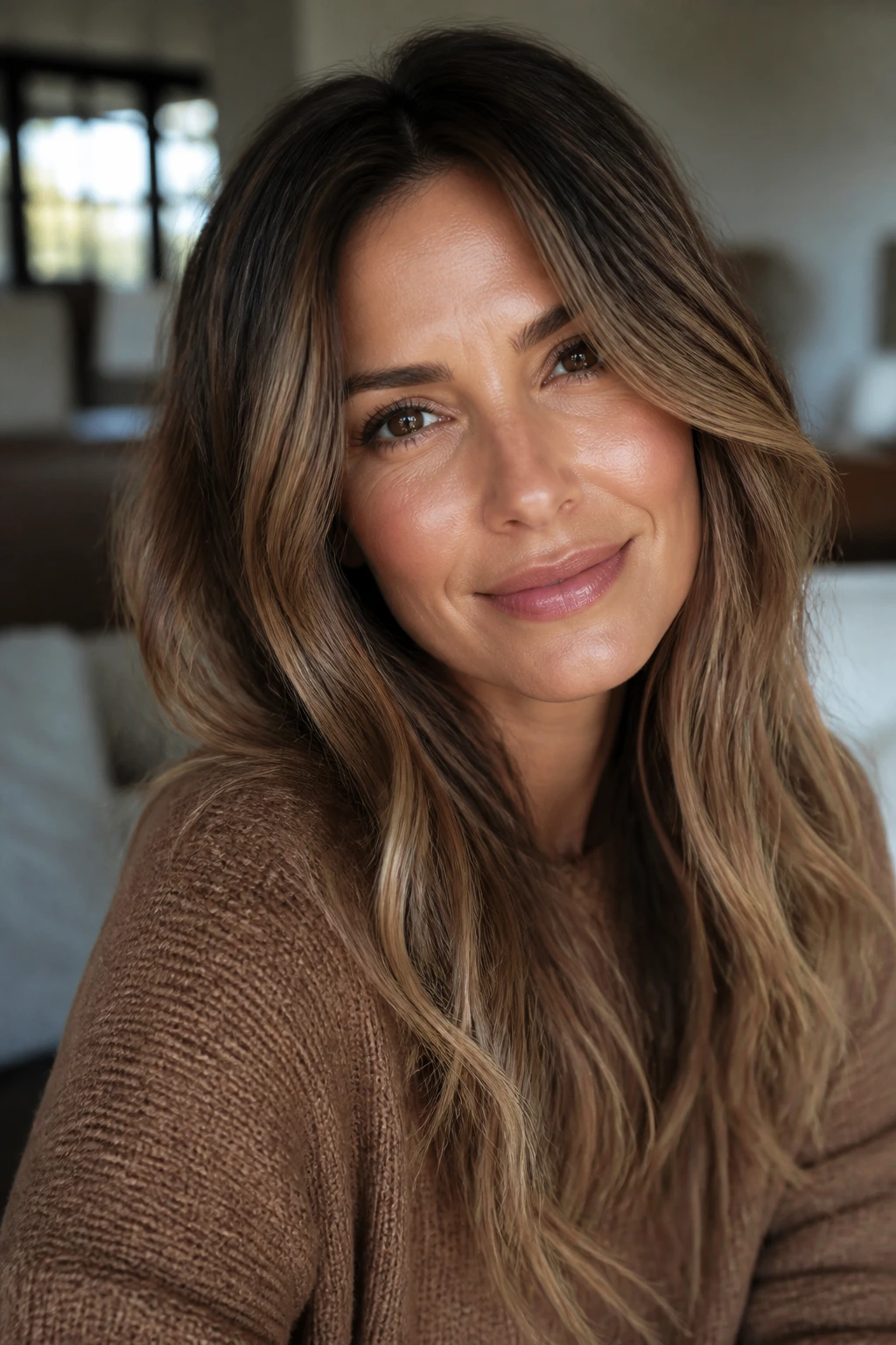 Close-up portrait of a real woman with bronde hair and barely-there lighter ends in warm window light