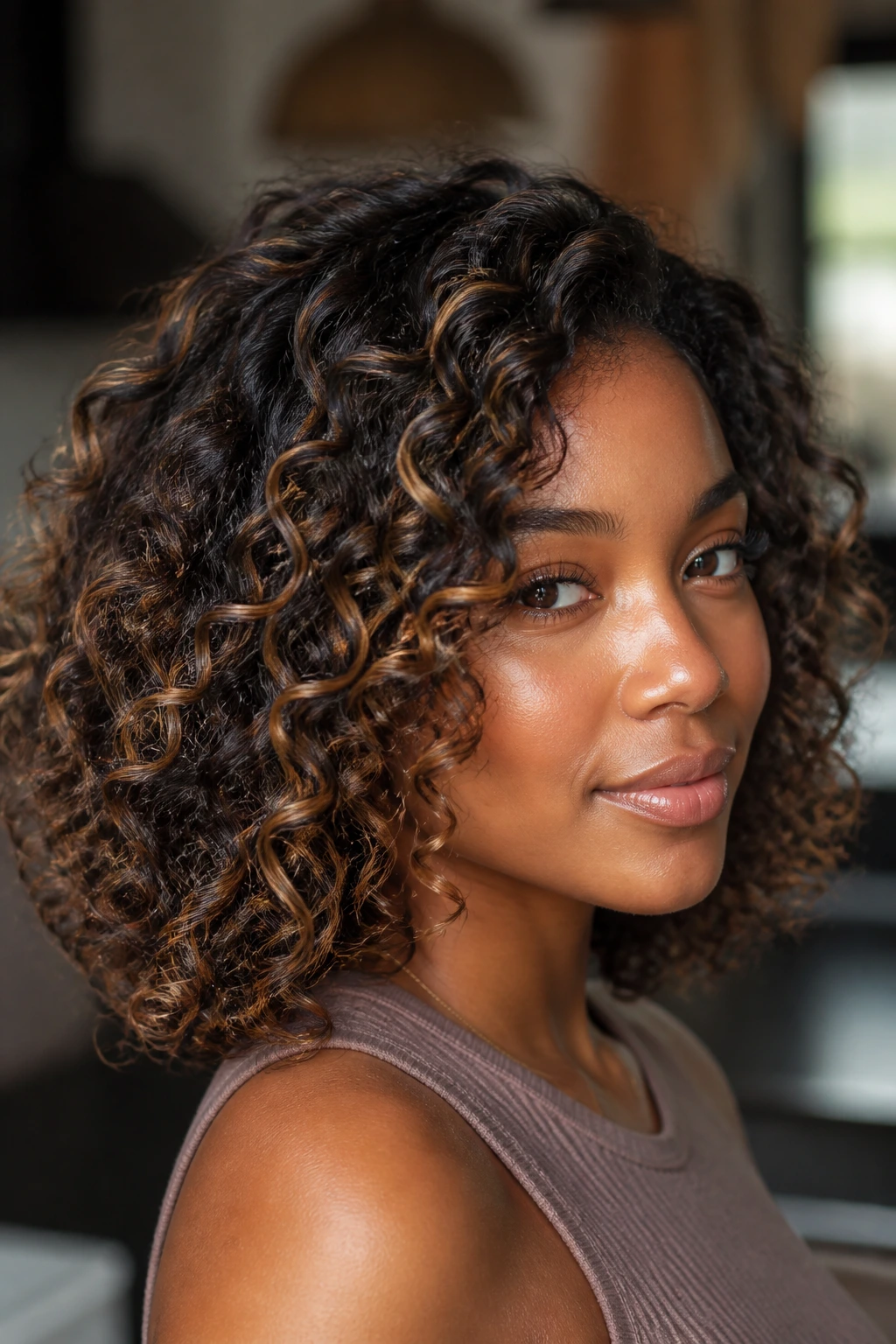 Close-up portrait of shoulder-length curls with bronde highlights