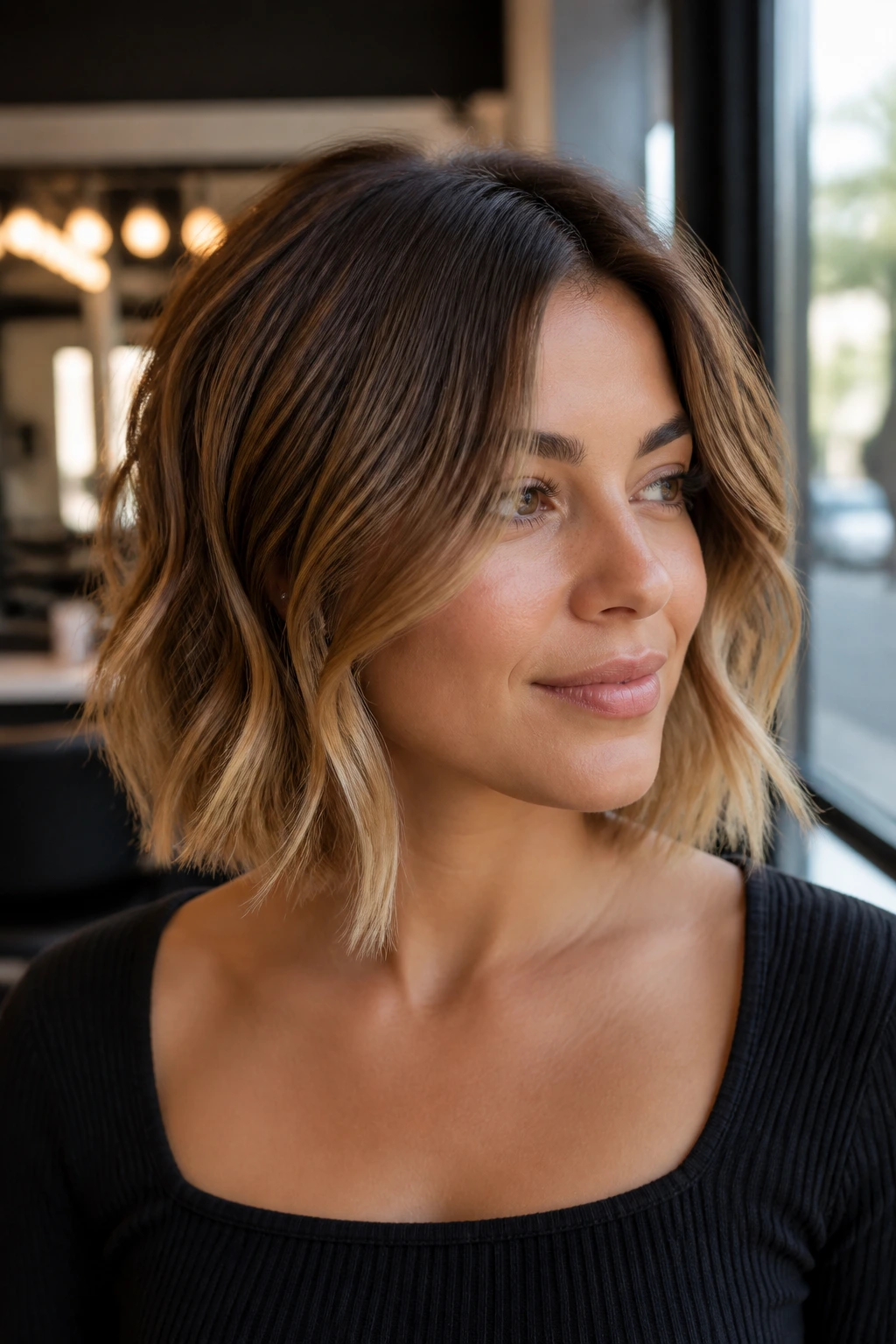 Head-and-shoulders portrait of a real woman with bronde bob and honey-ended ombré.