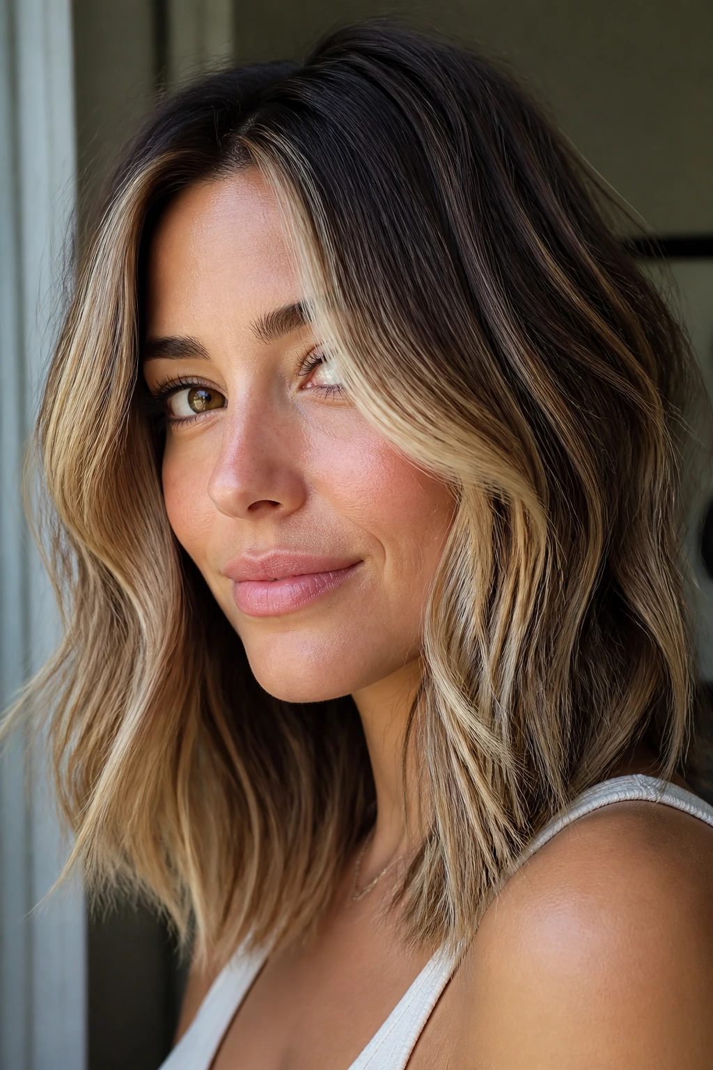 Close-up portrait of a real woman with bronde layered hair and bright face frame