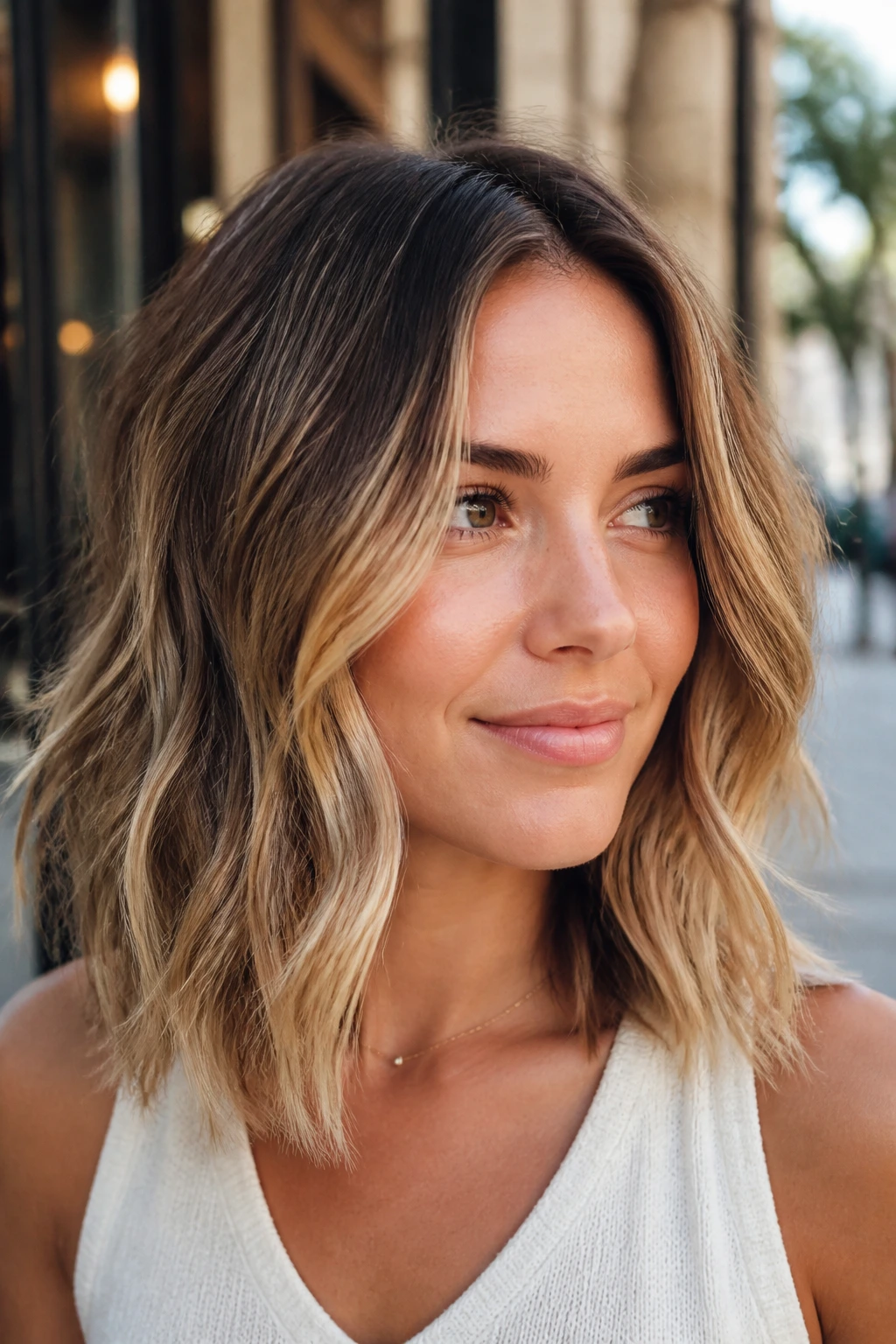 Close-up of shoulder-length lob with sun-kissed bronde balayage.