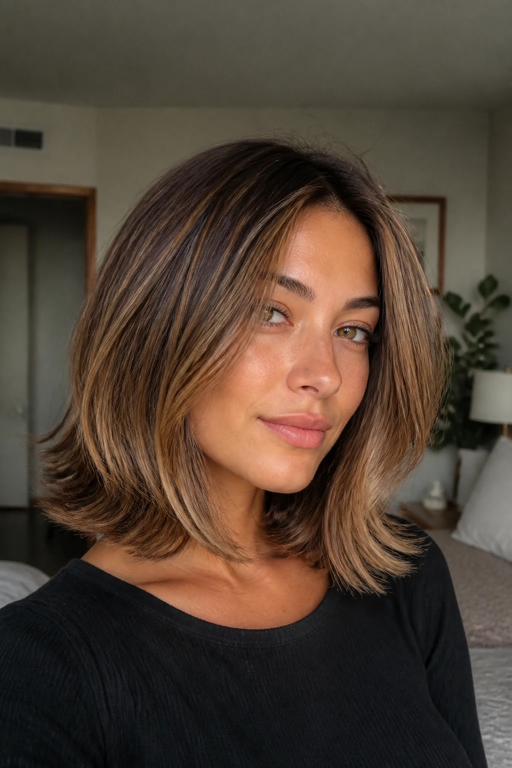 Close-up portrait of a real woman with a warm bronde lob and feathered ends in soft window light