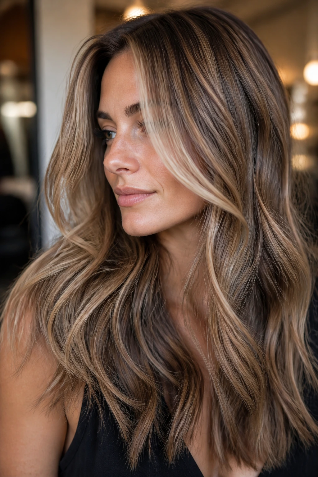 Close-up of layered bronde hair with depth-enhancing lowlights