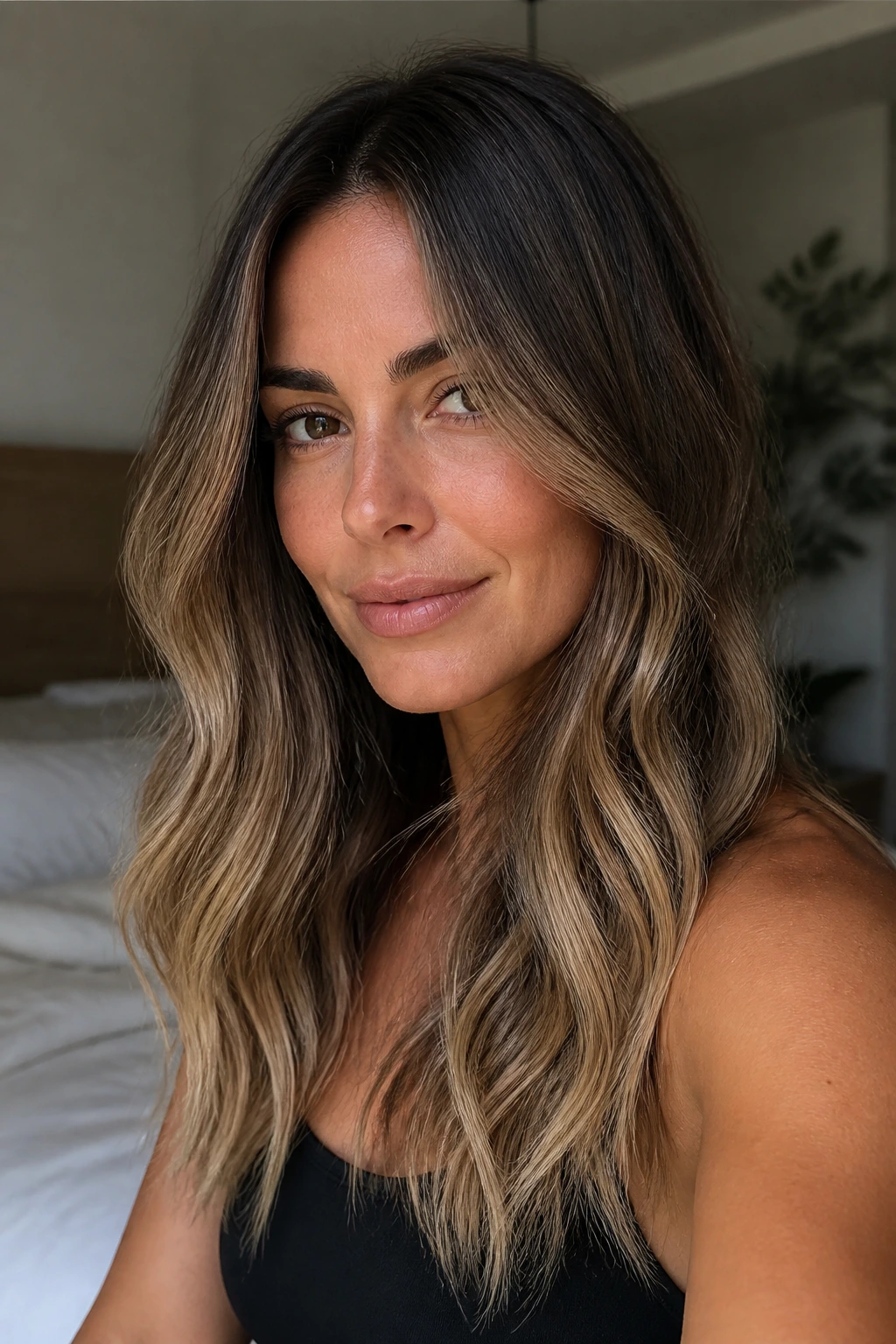 Real woman with seamless neutral bronde melt hair color in natural light