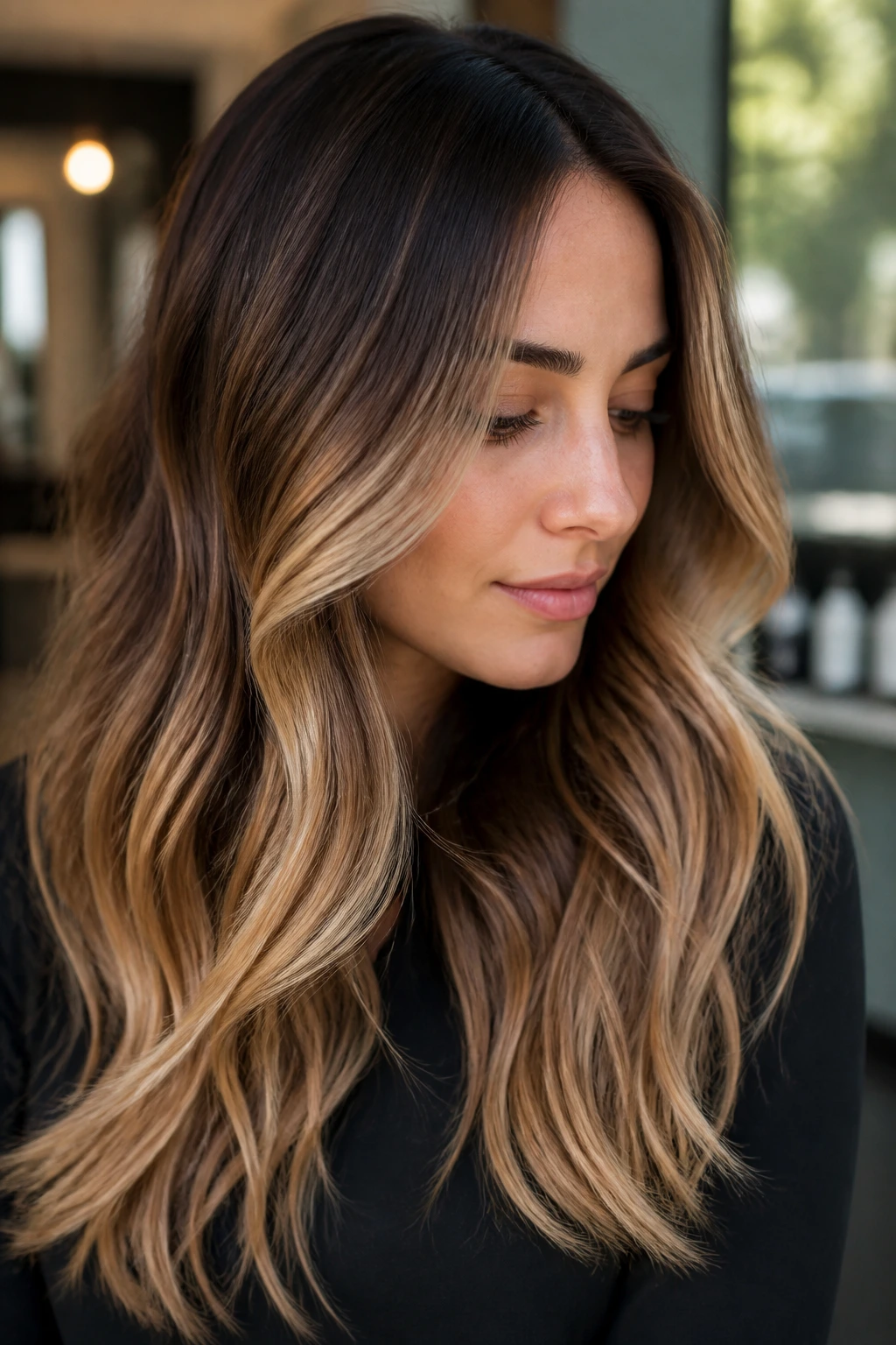 Close-up of brunette hair with bronde melt to beige-blonde