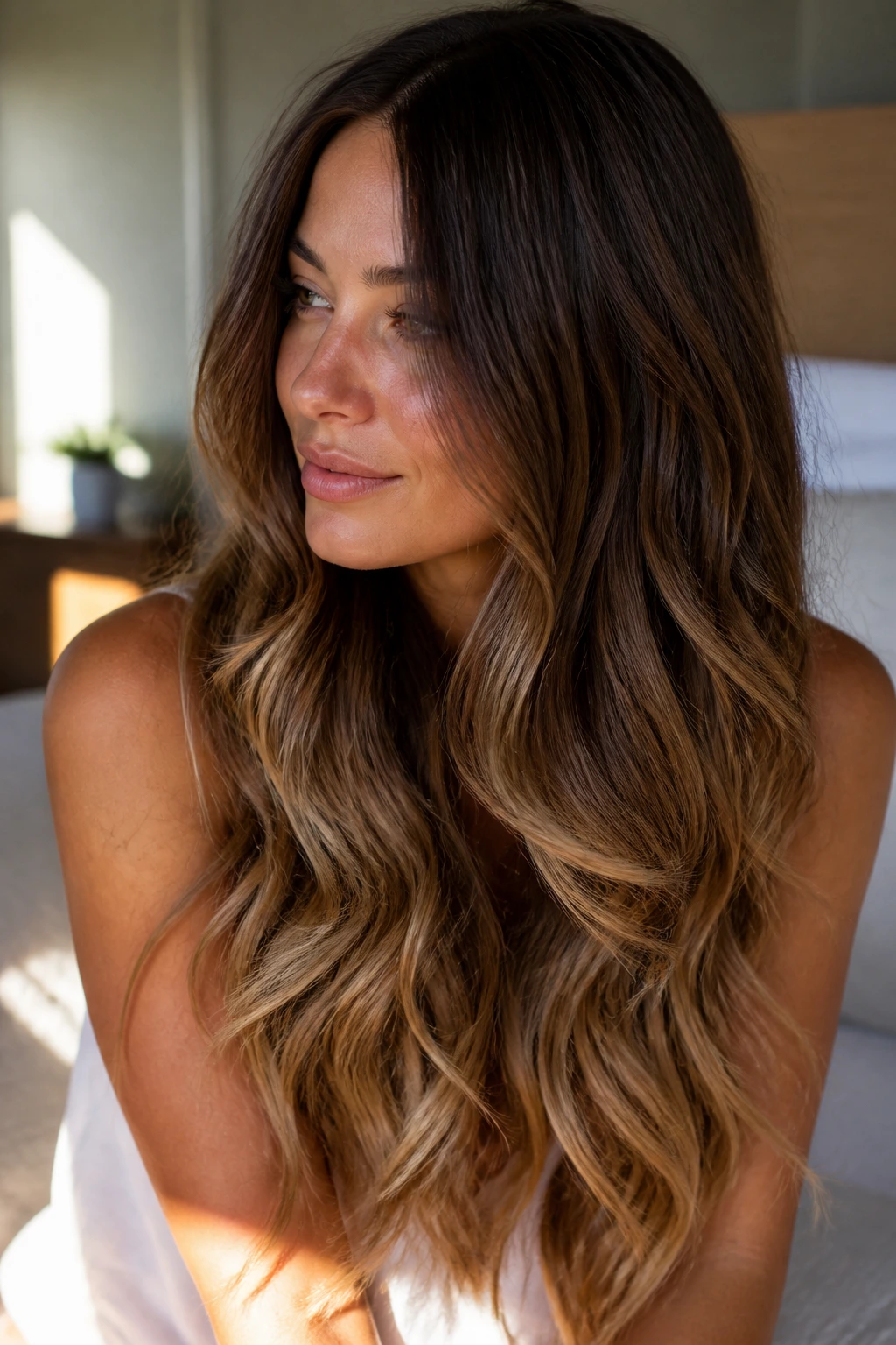 Close-up portrait of a real woman with brunette roots fading to brown-blonde ends in a melt.