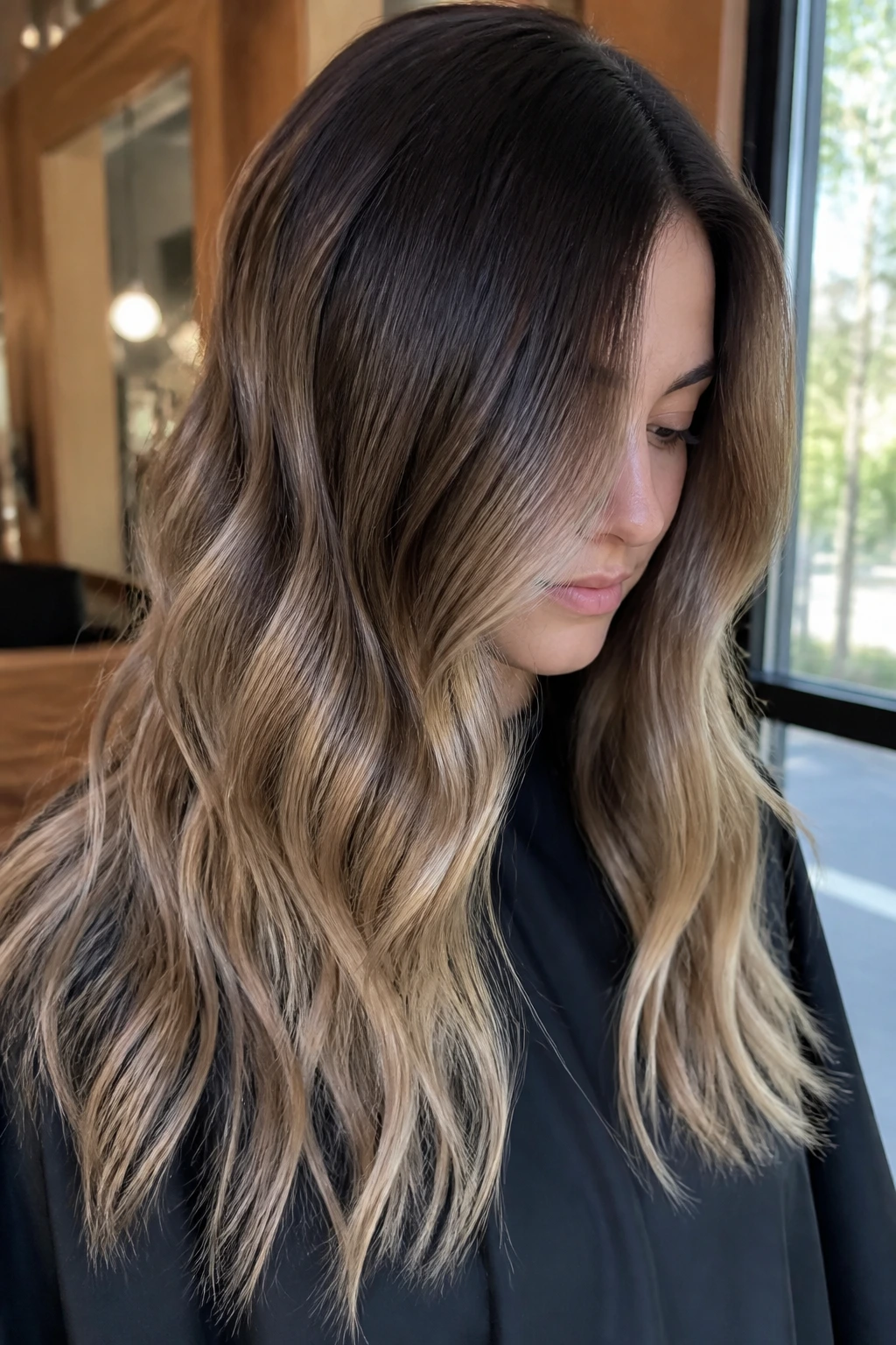 Close-up of a real person with bronde melt showing deep roots and lighter ends in natural salon light.