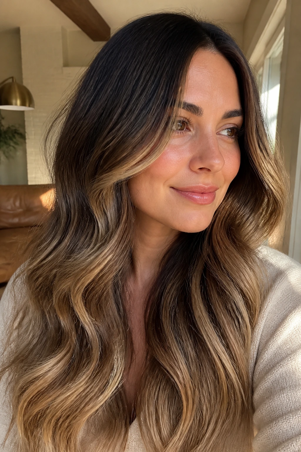 Close-up of a real woman with bronde melt color gradient on ends