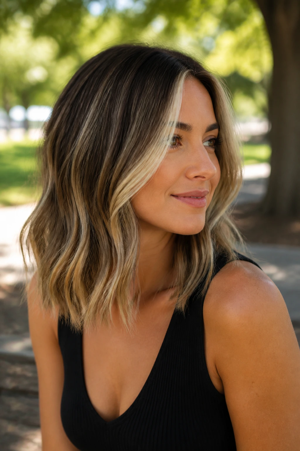Real person portrait showing bronde melt with face-framing foils around the cheeks