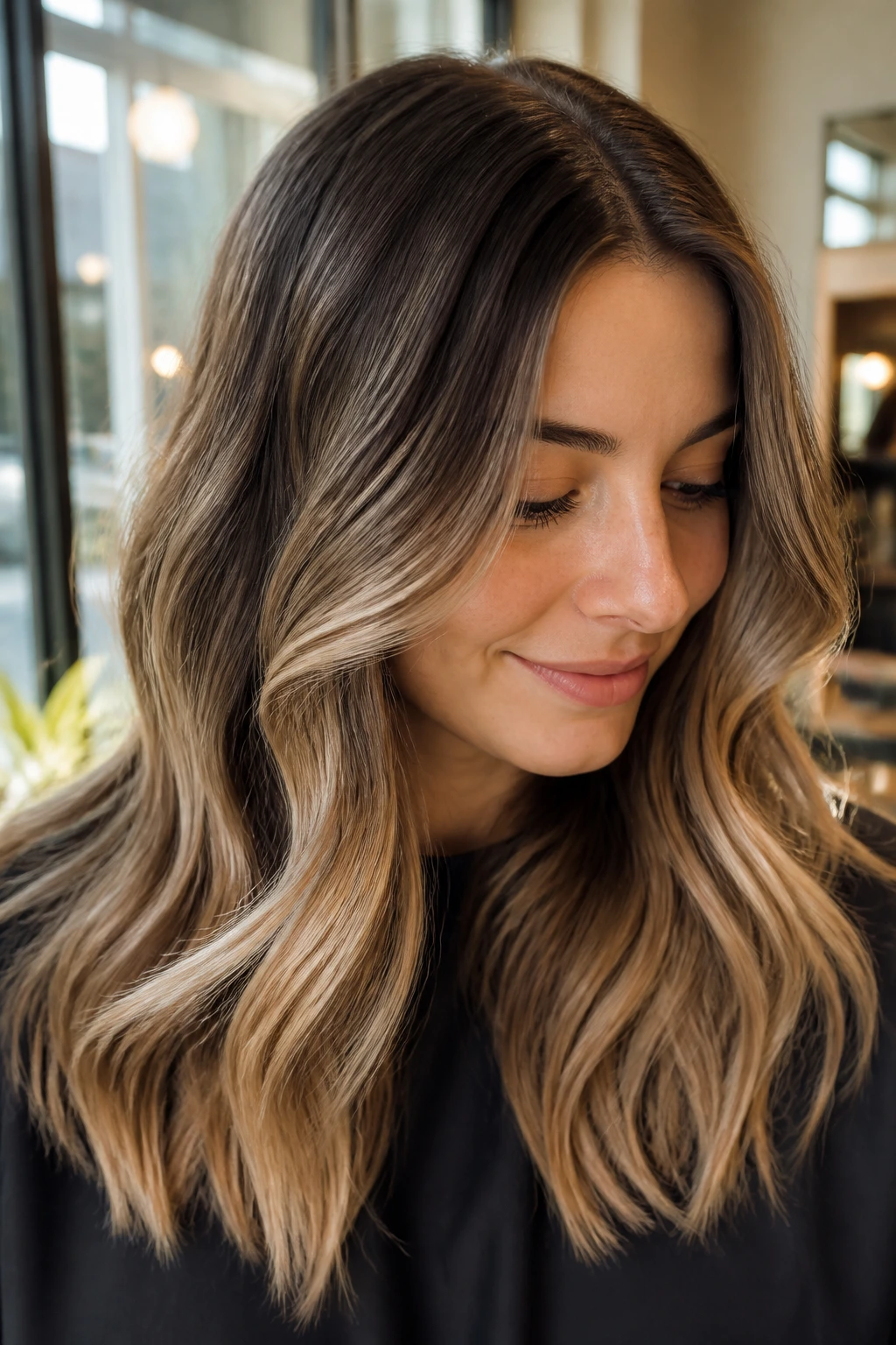 Close-up portrait of a real person with bronde melt hair blending brunette base and caramel-beige highlights.