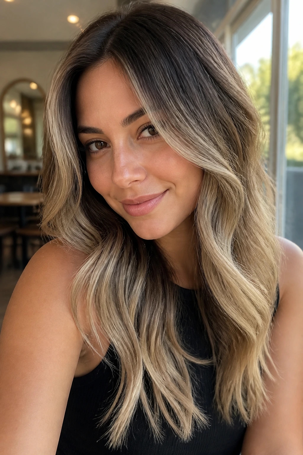 Bronde melt hair color on real person with soft root and brighter mids