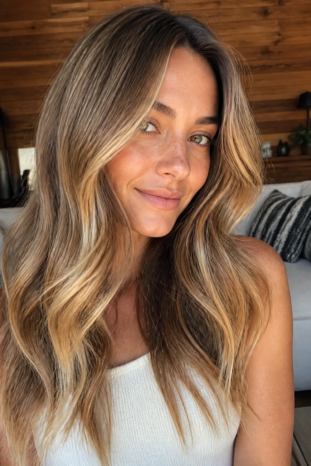 Close-up of a real woman with golden bronde melt hair under natural window light