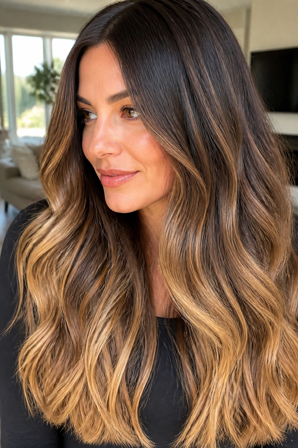 Close-up of real woman with bronde melt color transition from roots to lighter ends