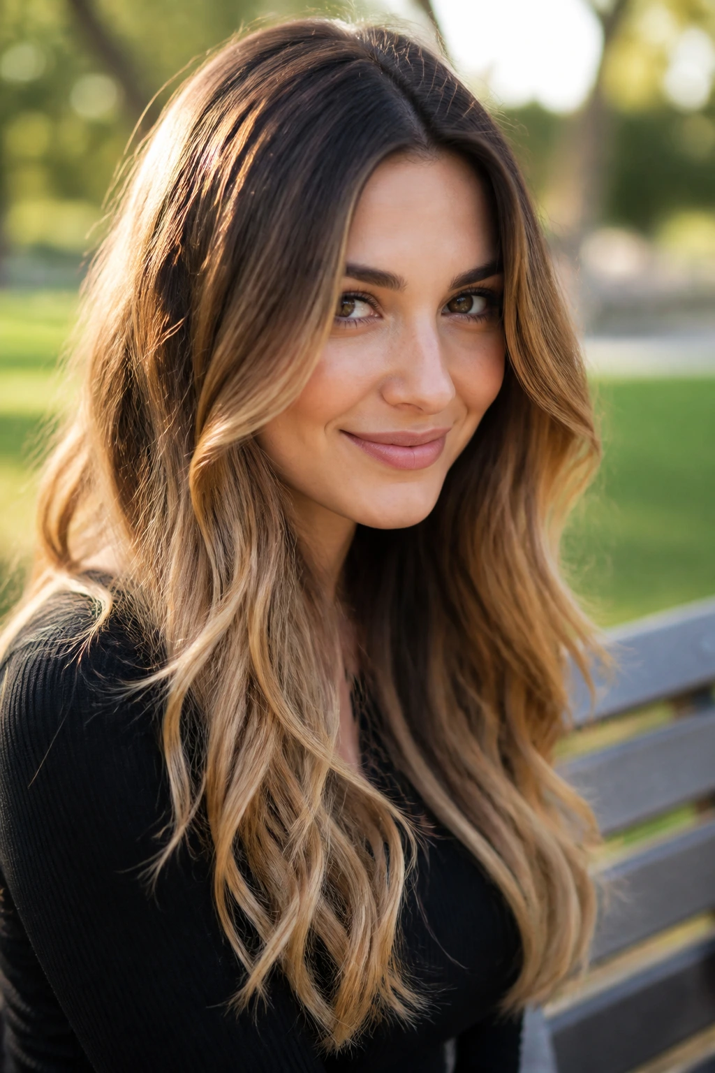 Close-up portrait of a real woman with bronde melt hair showing gradient