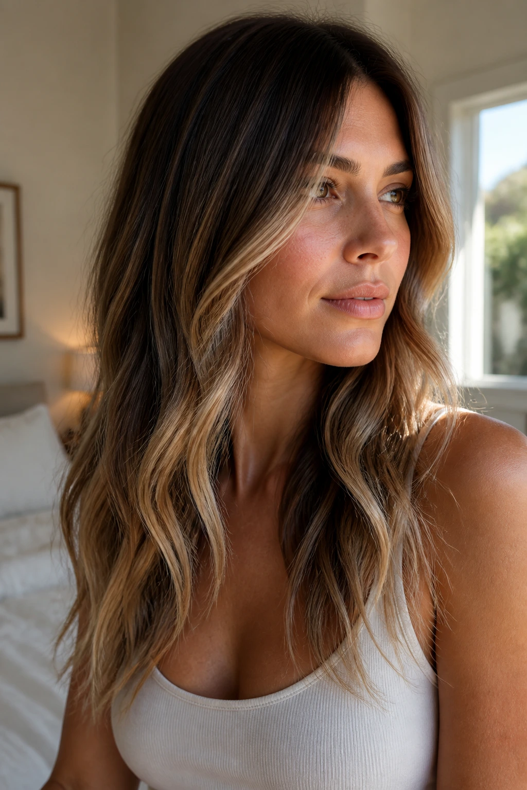 Real woman with sunlit bronde melt hair in natural window light