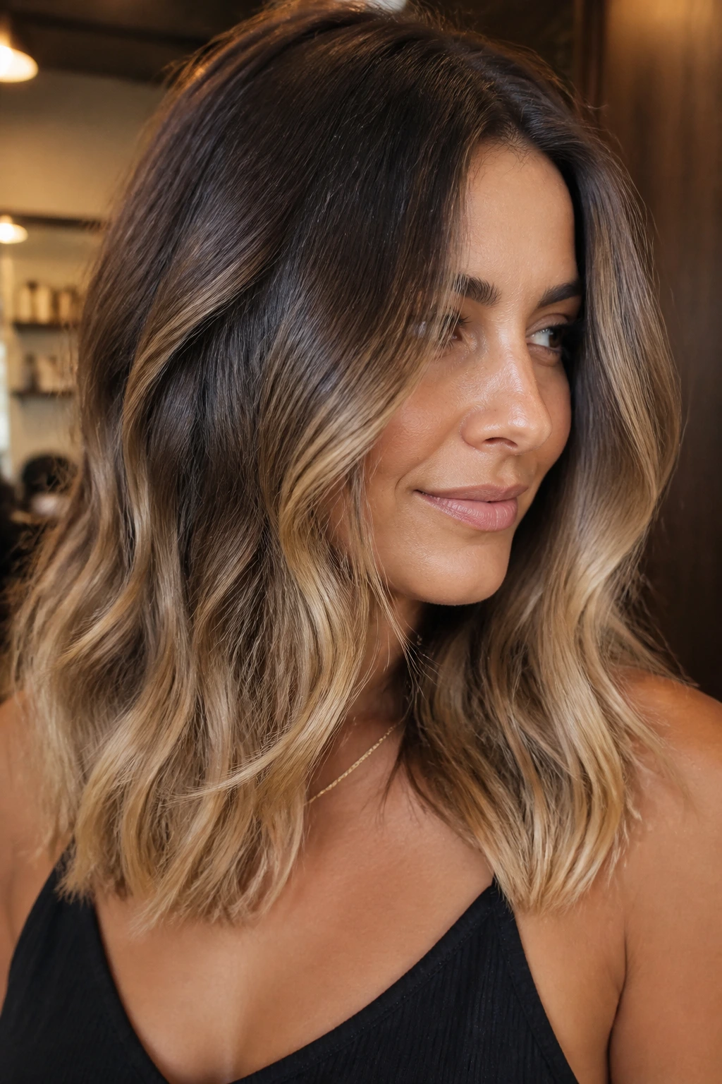 Close-up portrait of a real woman with bronde melt and lived-in ends on medium-length hair