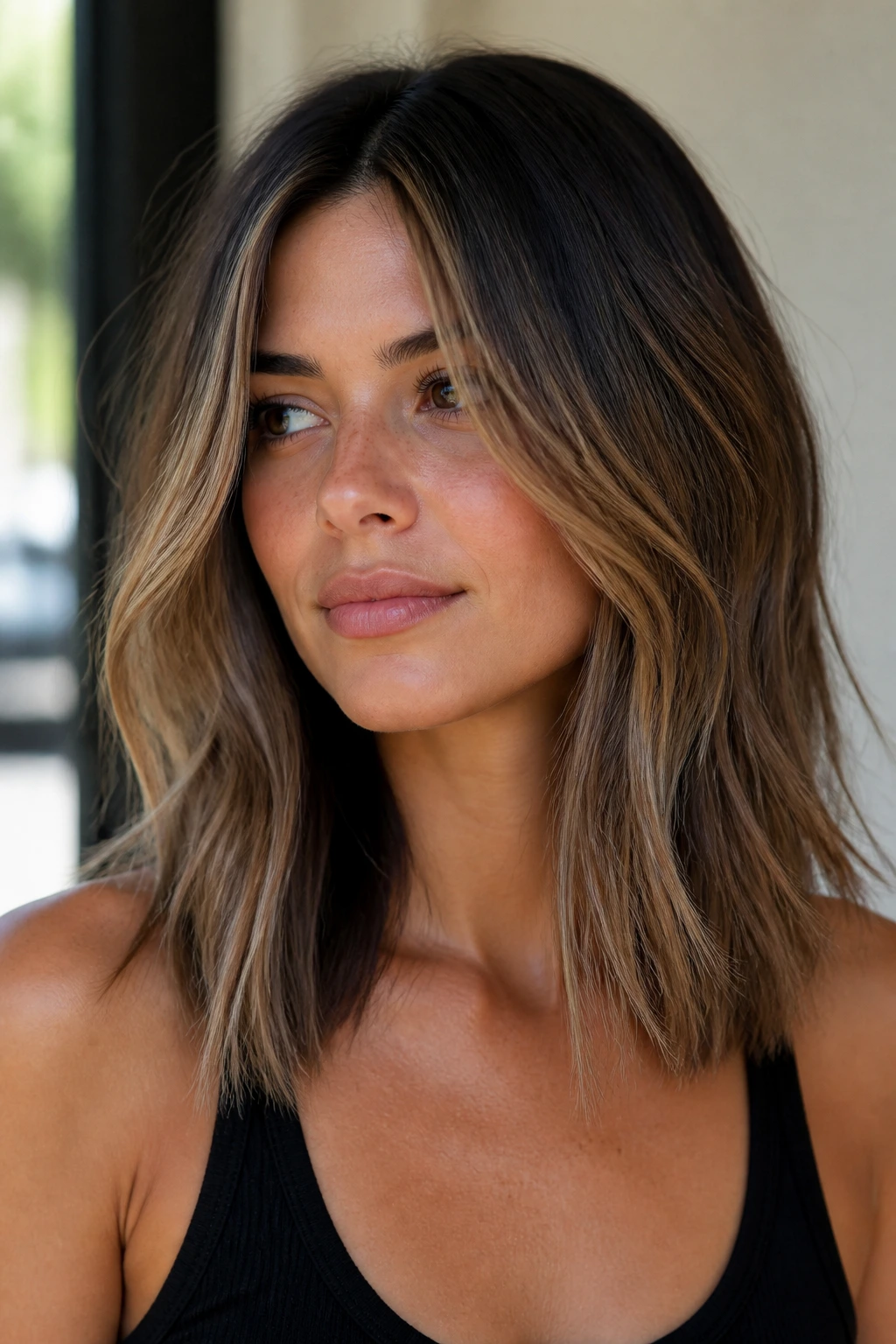 Portrait of bronde melt with medium layers showing face-framing brightness