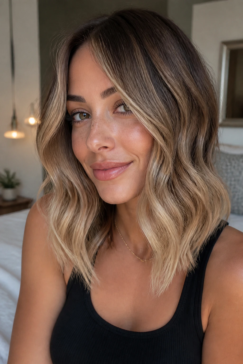 Close-up portrait of a real woman with Bronde-to-Blonde Melt on medium-length waves, warm window light