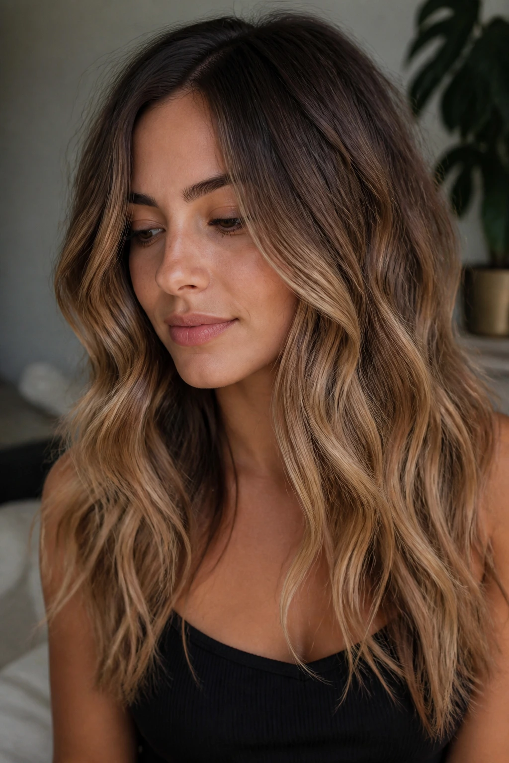 Close-up of a real woman with bronde melt on wavy hair in natural light