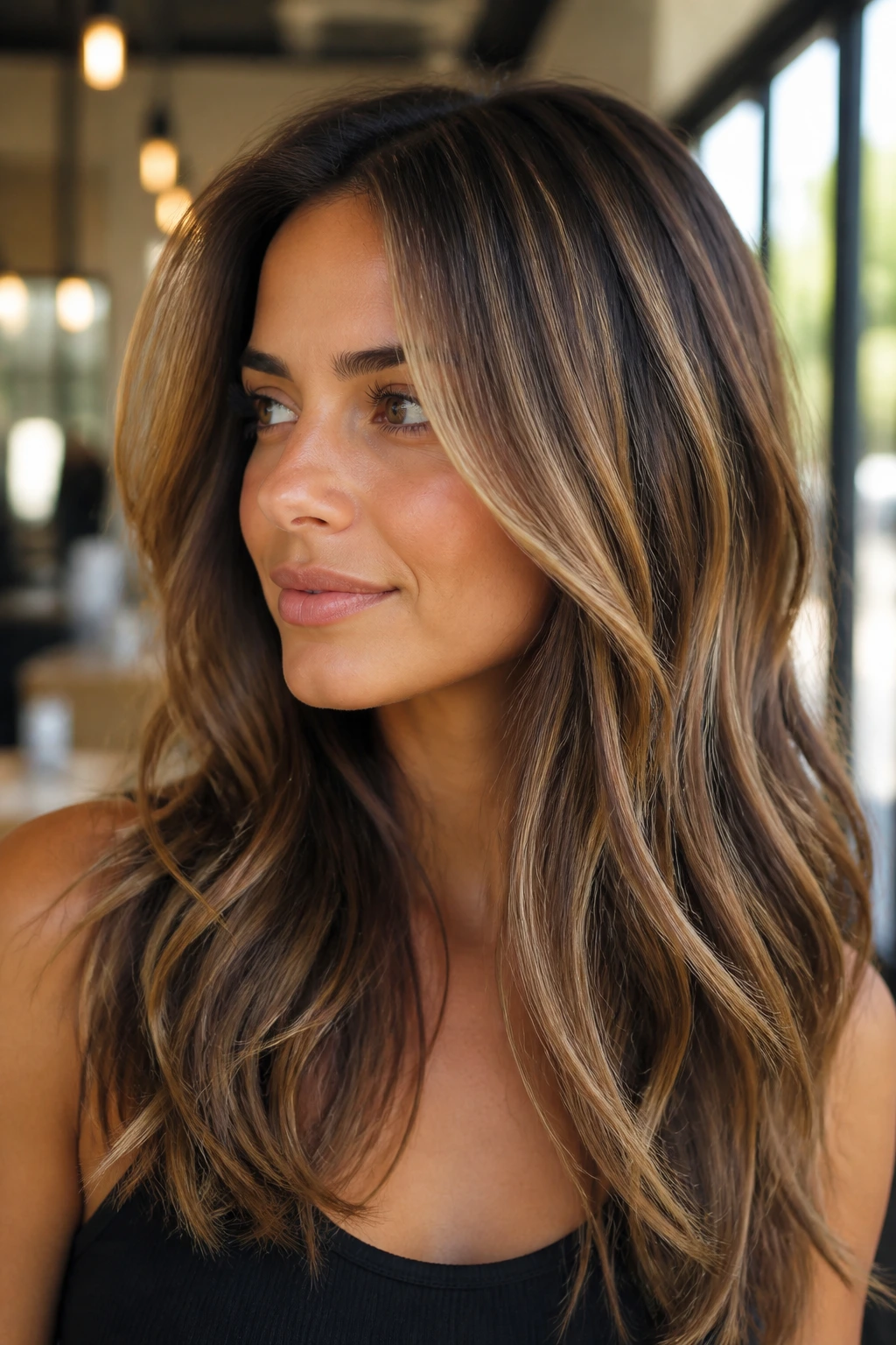 Brunette with bronde micro-ribbons in natural sunlight