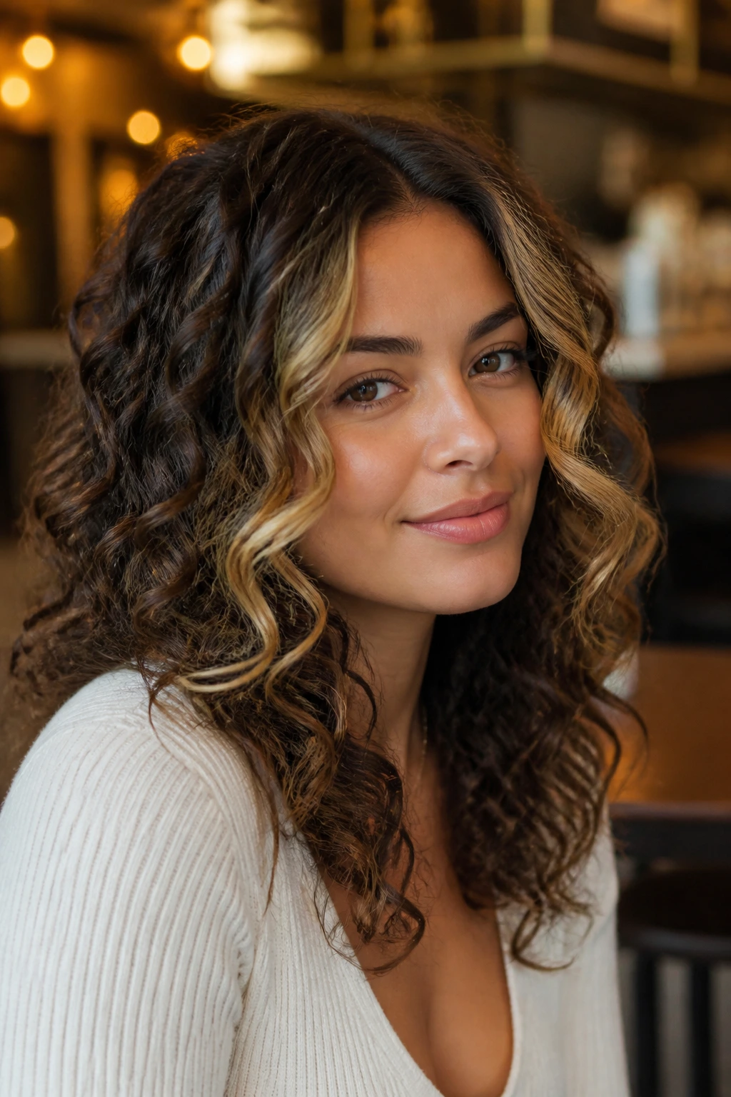 Face-framing warm bronde money piece highlights on curly hair
