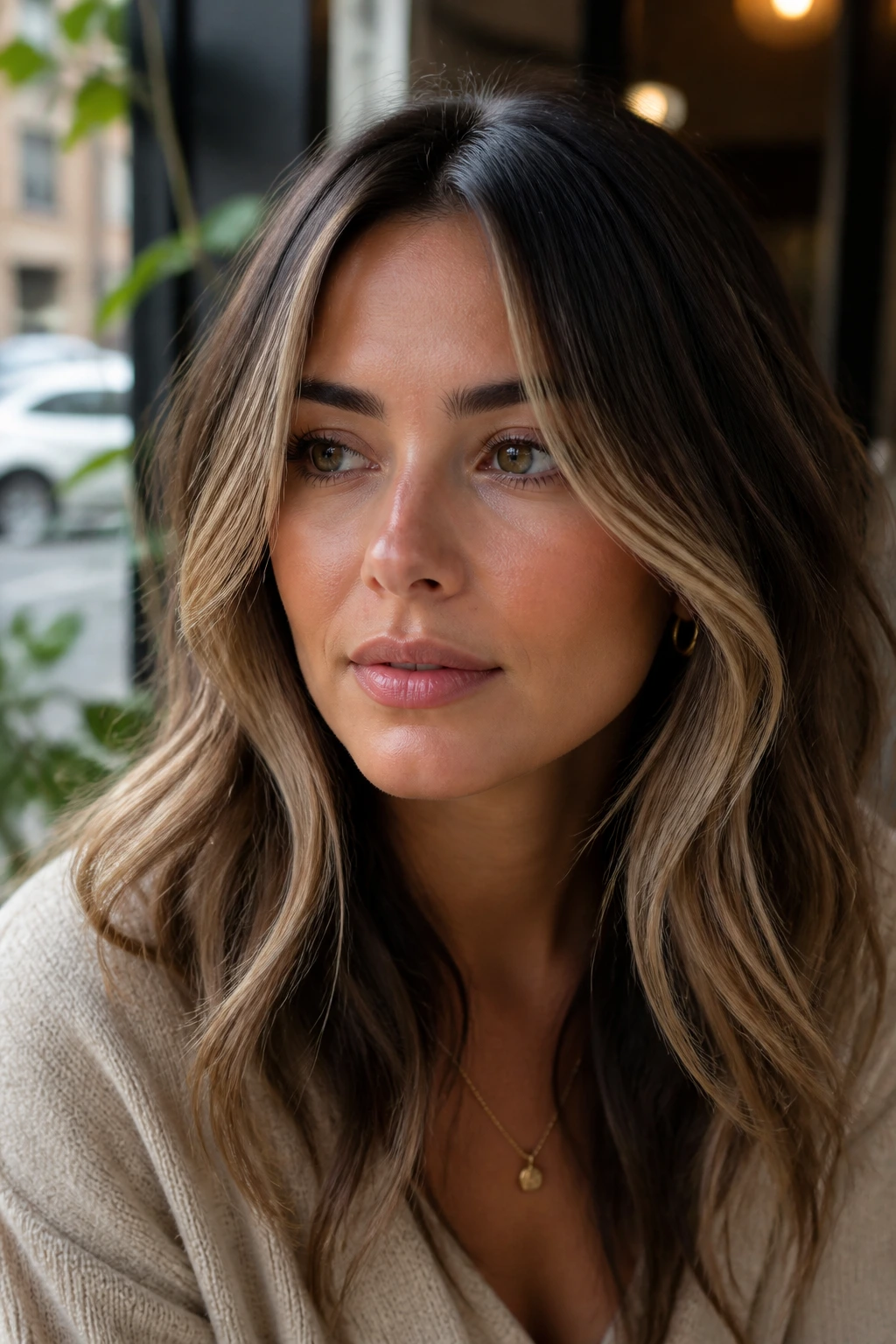Close-up of a real woman with beige-bronze front pieces brightening the face