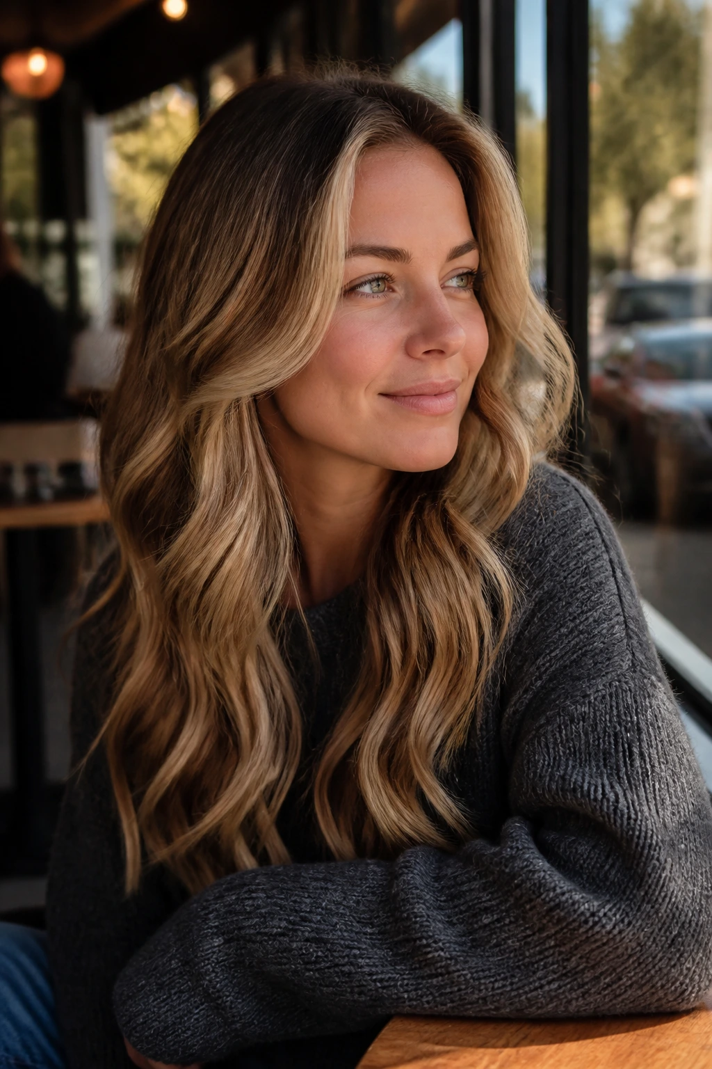 Real woman with bronde sunbeam frame money piece on wavy hair in daylight at outdoor cafe