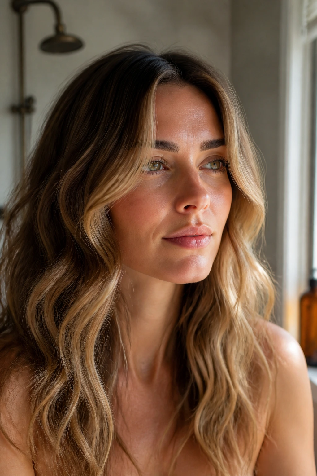 Close-up of a woman with a toned-down bronde money piece on wavy hair in warm natural light
