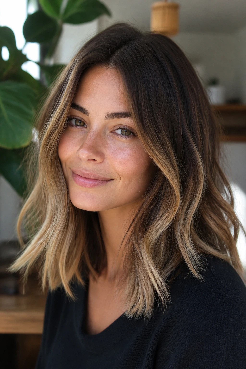 Close-up portrait of a brunette with bronde ombré on shoulder-length hair under natural window light