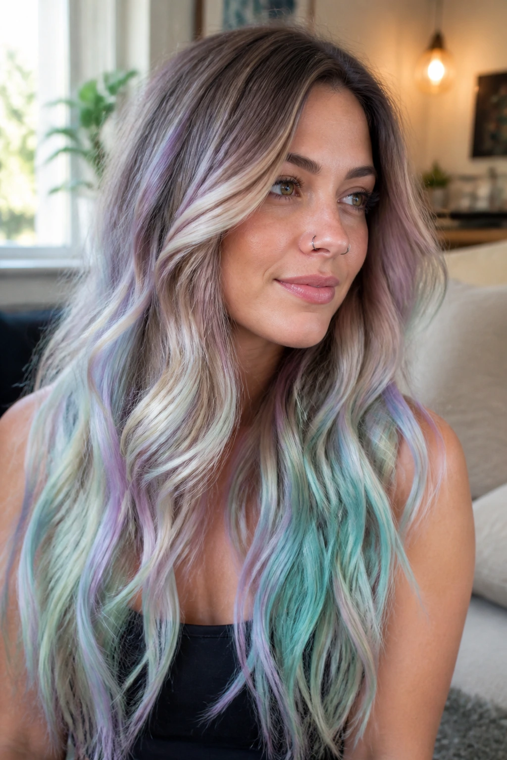 Close-up portrait of a real person with bronde base and pastel aqua lilac mint highlights in long hair.
