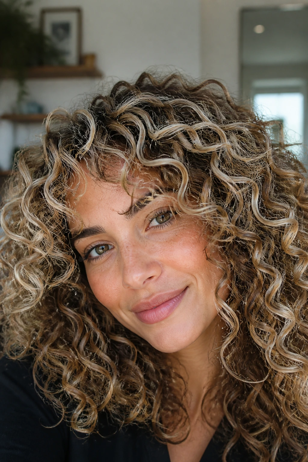 Close-up of a real woman with curly hair featuring bronde ribbons and champagne highlights.