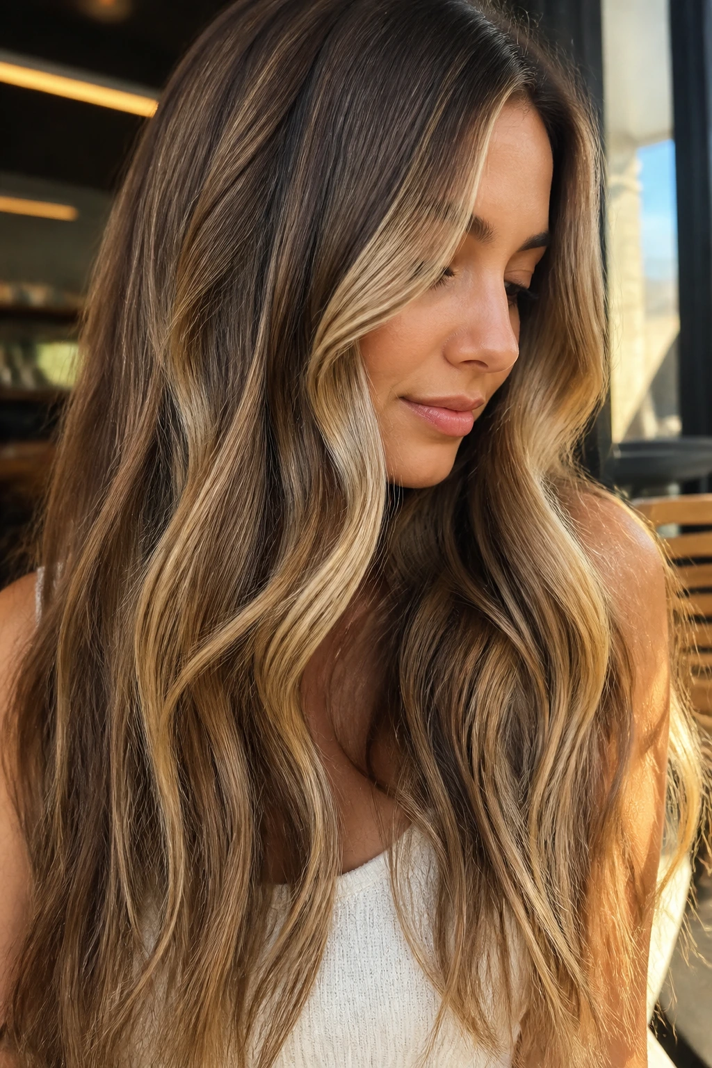 Close-up of long bronde ribbons with soft lowlights on long hair