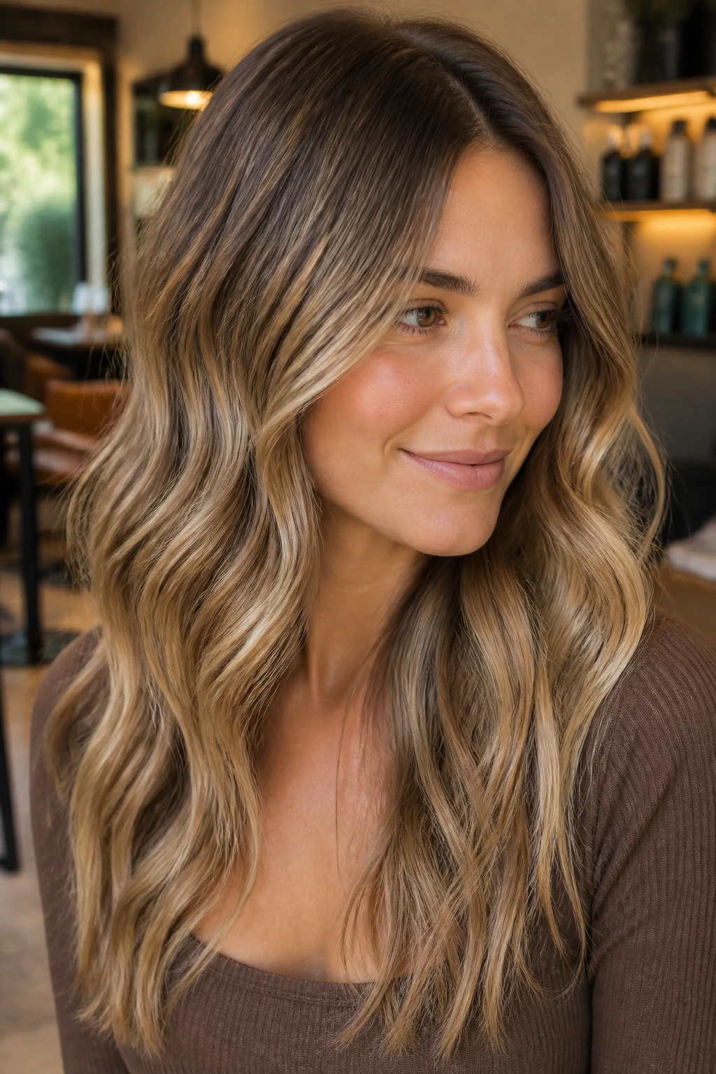 Close-up portrait of a person with bronde with root shadow hair color in a cozy studio
