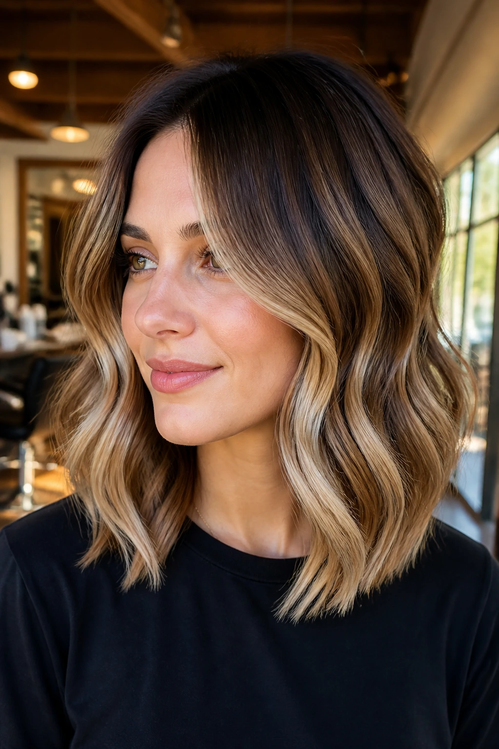 Close-up of a real woman with Bronde S-Curve Fade on shoulder-length hair