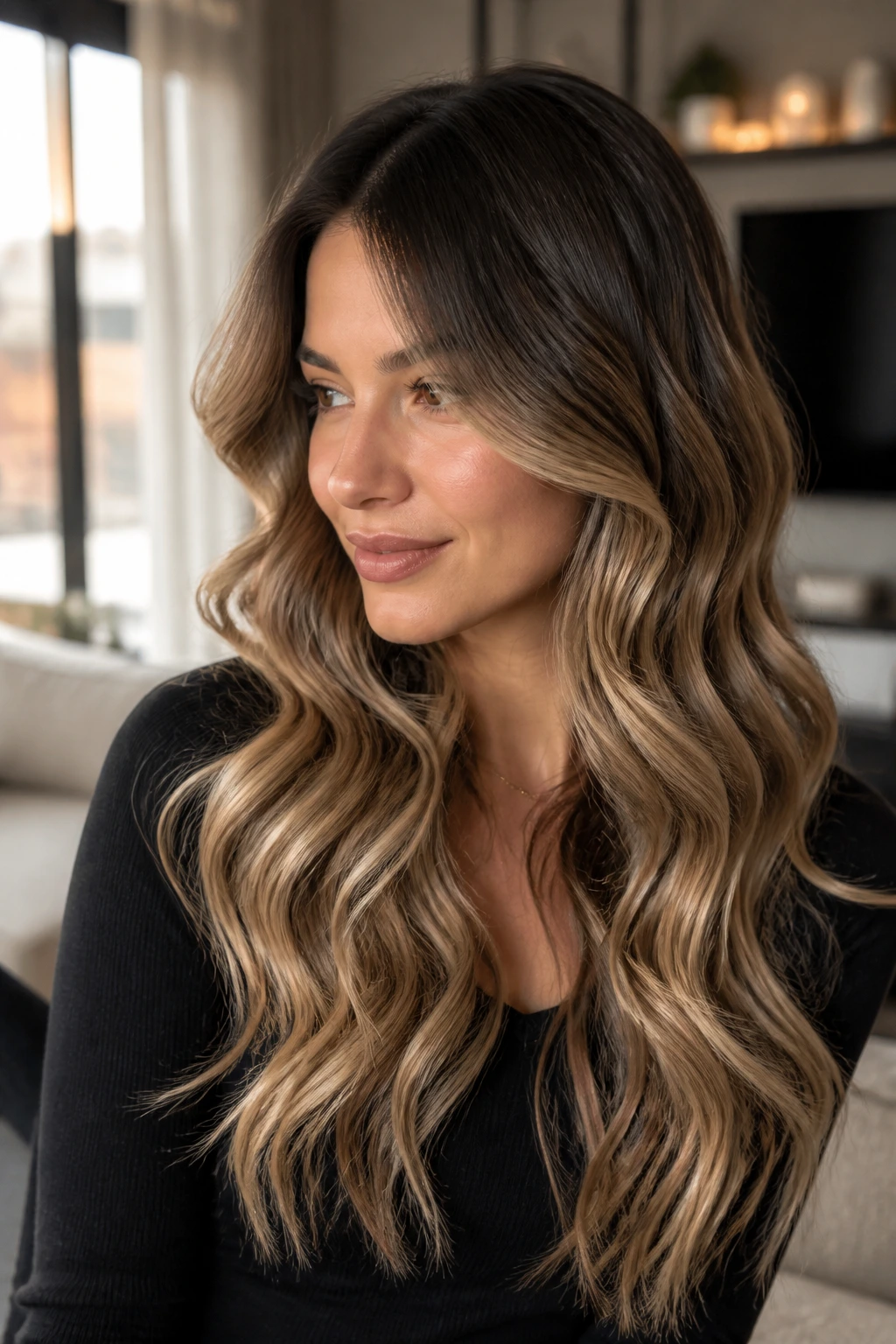 Close-up of a real woman with bronde S-wave ombre